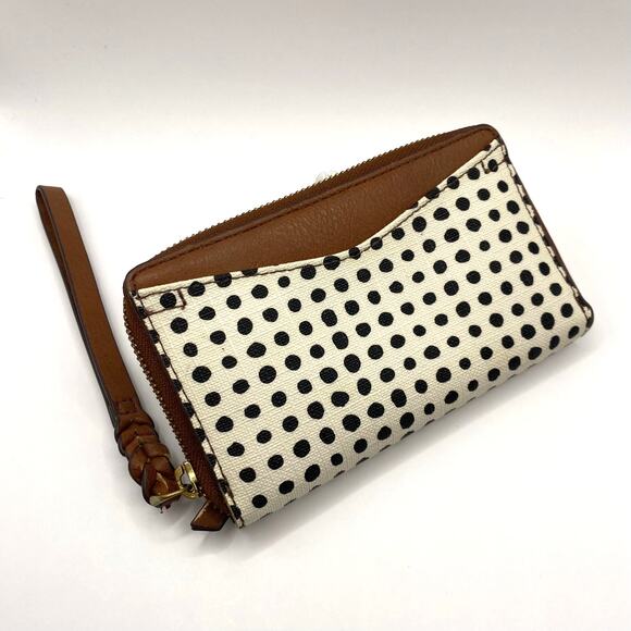 Vintage Fossil Women's Zip Around Wristlet Wallet Brown Leather Y2K Retro Dots - Picture 2 of 8